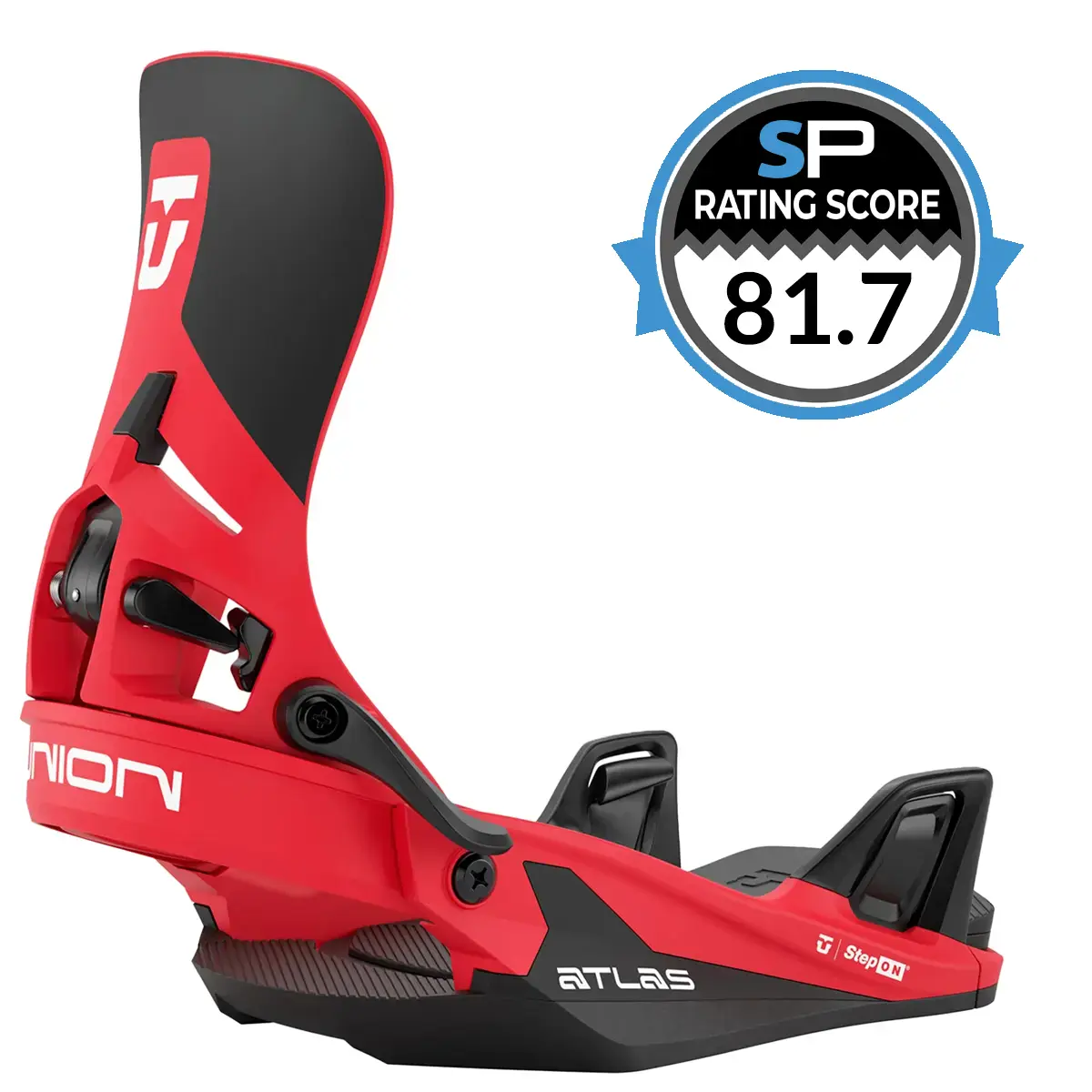 Union Atlas Step On 2026-2027 Bindings Review | Snowboarding Profiles Red Union Atlas Step On snowboard binding with a black-and-red highback and black straps, showing the Snowboarding Profiles Rating score of 81.7 next to the image of the binding